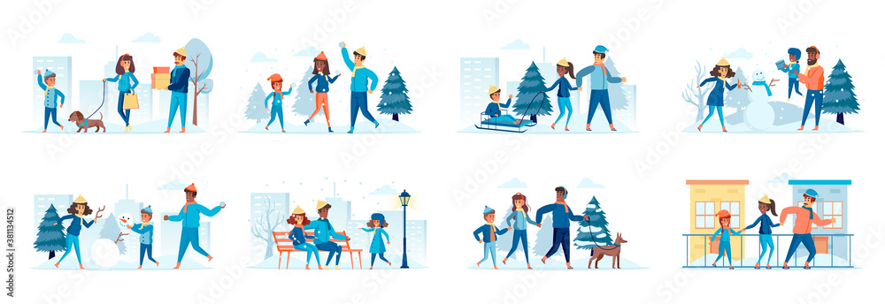 Family in winter park bundle of scenes with flat people characters. Parents with kids making snowman, snow sledding and walking dog situations. Wintertime holidays vacation cartoon vector illustration