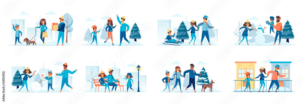 Family in winter park bundle of scenes with flat people characters. Parents with kids making snowman, snow sledding and walking dog situations. Wintertime holidays vacation cartoon vector illustration Family in winter park bundle of scenes with flat people characters. Parents with kids making snowman, snow sledding and walking dog situations. Wintertime holidays vacation cartoon vector illustration