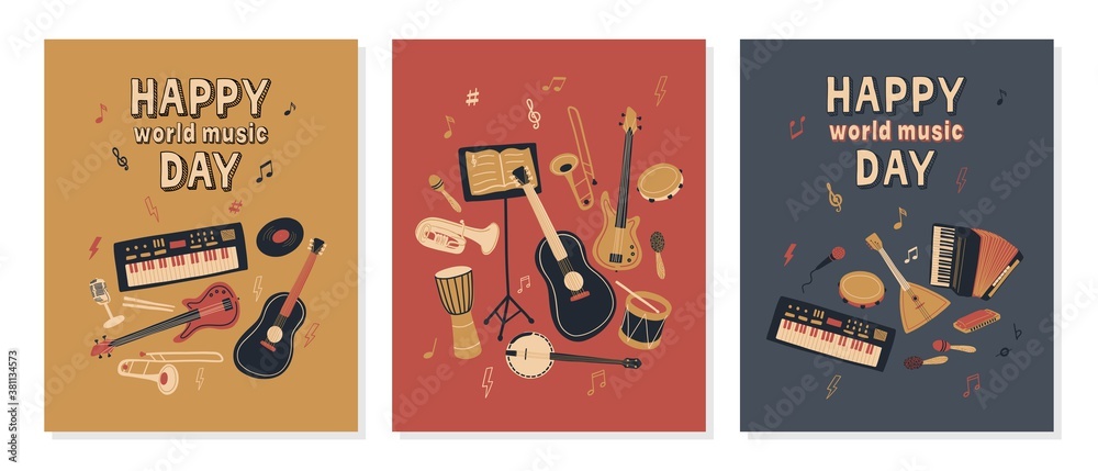 Fototapeta premium Vector set of musical instruments. Сollection of postcards dedicated to the world music day