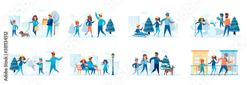 Family in winter park bundle of scenes with flat people characters. Parents with kids making snowman  snow sledding and walking dog situations. Wintertime holidays vacation cartoon vector illustration