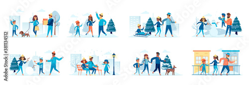 Family in winter park bundle of scenes with flat people characters. Parents with kids making snowman, snow sledding and walking dog situations. Wintertime holidays vacation cartoon vector illustration