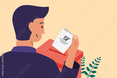 Smiling Young Man Putting Vote Paper into Election Box for General Regional or Presidential Election. Flat Design Cartoon Style Vector Illustration