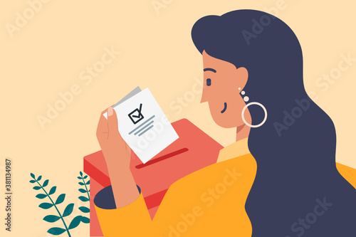 Smiling Long Haired Young Woman Putting Vote Paper into Election Box for General Regional or Presidential Election. Flat Design Cartoon Style Vector Illustration photo
