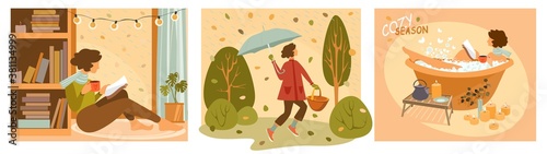 Autumn mood vector cartoon flat set. Rain outside the window. Fall season nature. Cozy home for autumn.  Welcoming autumn postcards pack.