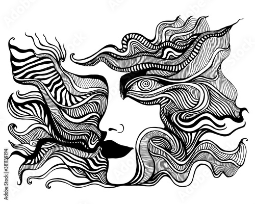 Black and white psychedelic face with spiral eye, of crazy patterns Coloring page