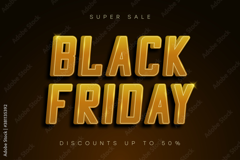 Black Friday sale banner. Golden shiny text with shadow. Special offer, discounts. Gold poster for sale on Black Friday. Vector.