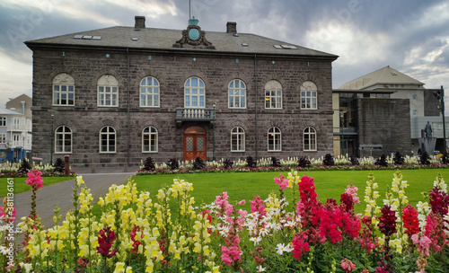 Icelandic parliament building in Austurvollur Square in the centre of the city of Reykjvik, Iceland. It is a stone structure built in 1881.