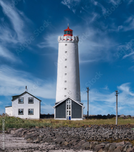 Lighthouse on the island of Grótta near Reykjavik, Iceland. The island is accessible via a causeway at low tide.
