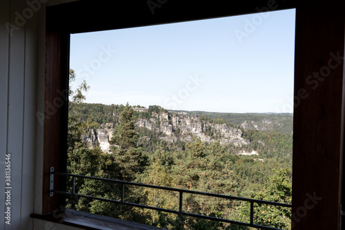 The Elbe Sandstone Mountains in saxon switzerland seen through the window. Germany photo