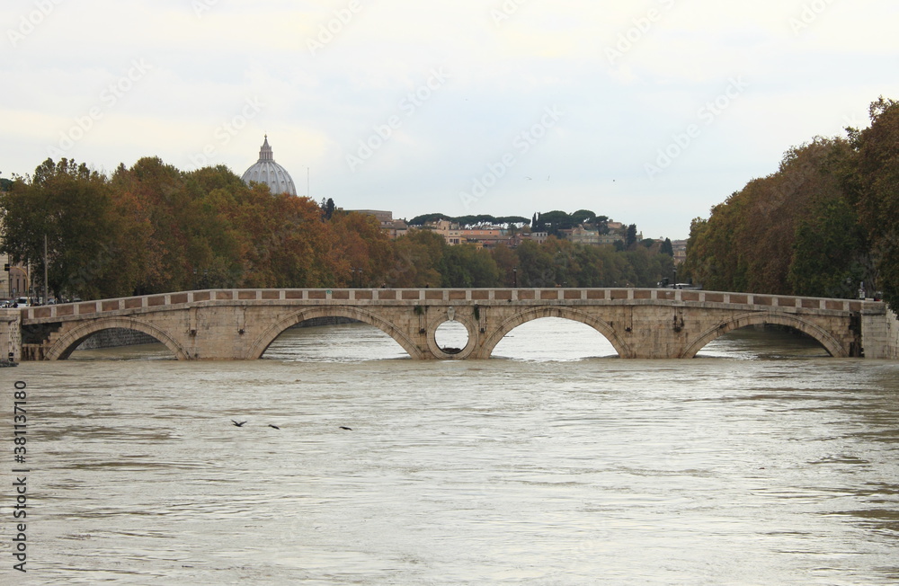 Sisto bridge during the flood of the river Tevere. Rome, Italy