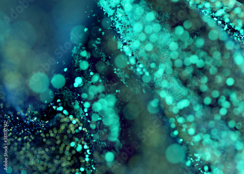 3d render of abstract art of surreal 3d background with magic sparkling flying wavy dust substance based on small green balls particles with selective focus depth of field effect on black