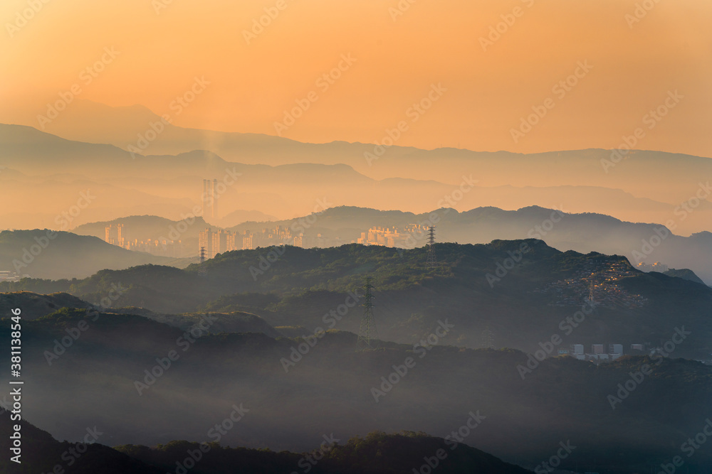 Jiufen City Scape. Jiufen sunset light in Taiwan with foggy evening light. Jiufen, Taiwan