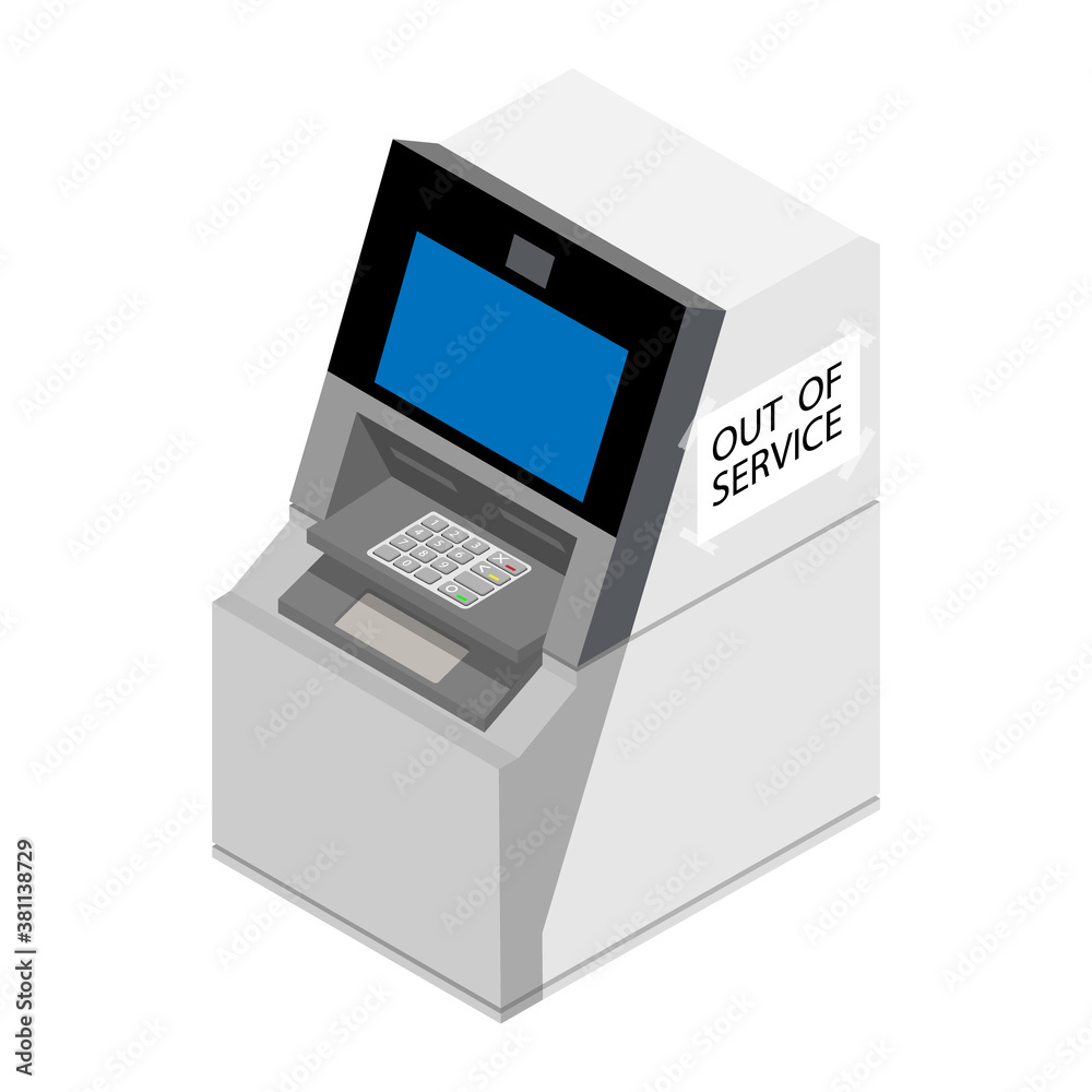 Out of service concept. ATM isometric view isolated on white background Out of service concept. ATM isometric view isolated on white background