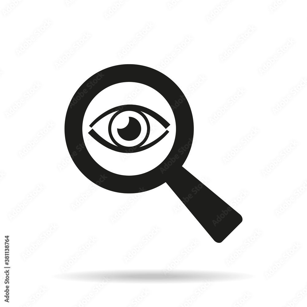Eye icon with a magnifying glass on white background. Eye icon with a magnifying glass on white background.