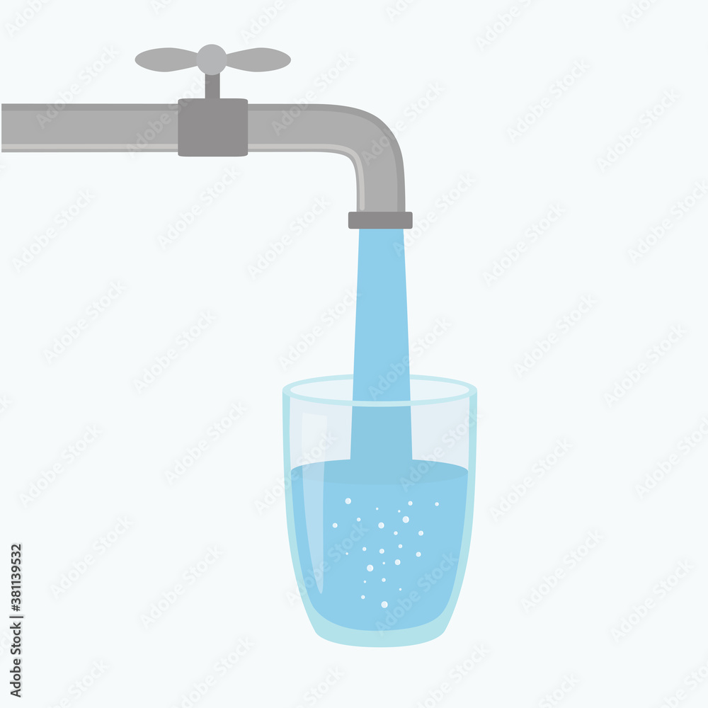 Cartoon vector illustration showing water coming out of a tap and into a glass Cartoon vector illustration showing water coming out of a tap and into a glass