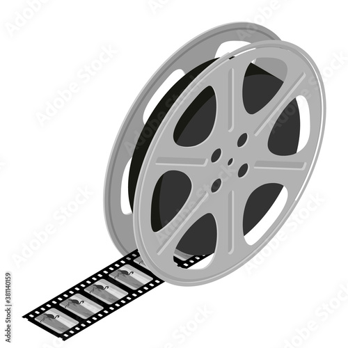 Film reel and cinema tape with sunset and flamingo isolated on white background.