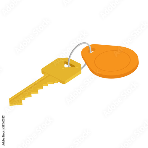 Golden key with blank orange tag. Isometric view. Vector