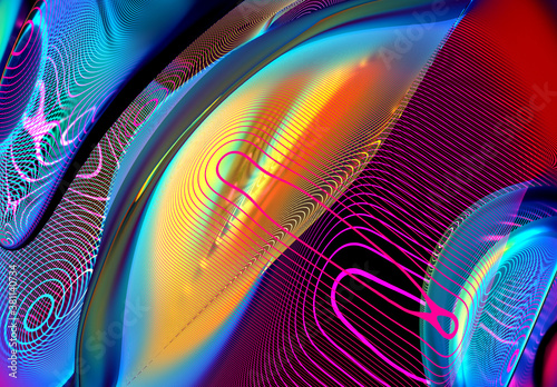 3d render with abstract art of surreal 3d background with part of ball with glowing organic substance inside with parallel round wavy curve lines pattern in neon blue red and yellow light as plasma 