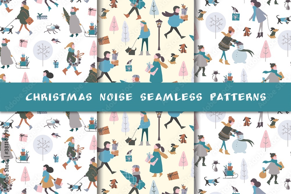 Cute vector Christmas Holidays seamless pattern. Christmas winter village and noisy people