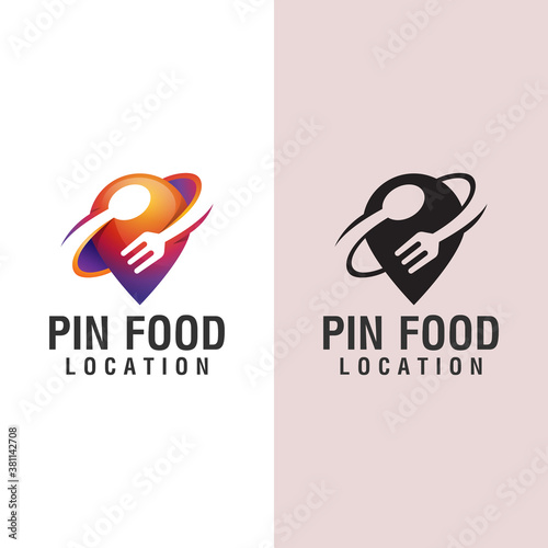 food location logo design, with concept of a pin wind fork and spoon