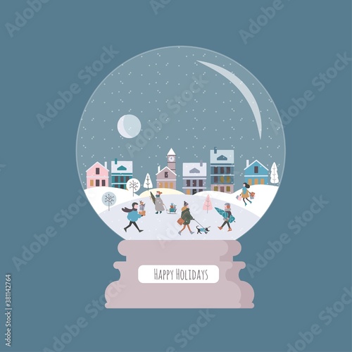 Christmas magic snowball with winter town and noisy people