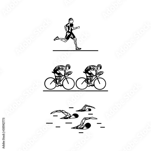 Black flat logo triathlon. Vector figures triathletes on a white background. Swimming, cycling and running symbol.
