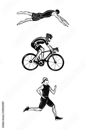 Black flat logo triathlon. Vector figures triathletes on a white background. Swimming, cycling and running symbol.