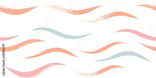 Seamless Wave Pattern, Hand drawn water sea modern vector background. Wavy beach brush stroke, curly grunge paint lines, watercolor illustration