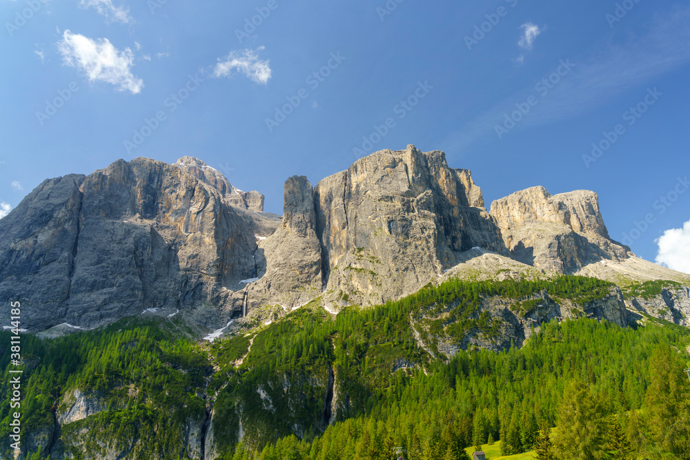 Mountain landscape along the road to Gardena pass, Dolomites