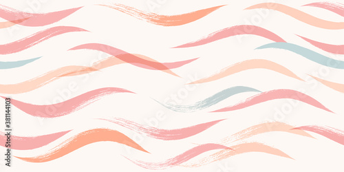 Seamless Wave Pattern, Hand drawn water sea modern vector background. Wavy beach brush stroke, curly grunge paint lines, watercolor illustration