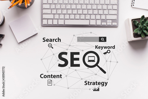 Seo-Optimization Scheme Over White Office Desk Background, Collage, Top View
