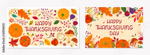 Thanksgiving postes with leaves and floral elements in fall colors.Greetings cards perfect for prints; flyers; banners; invitations.Trendy fall designs.Vector autumn illustrations