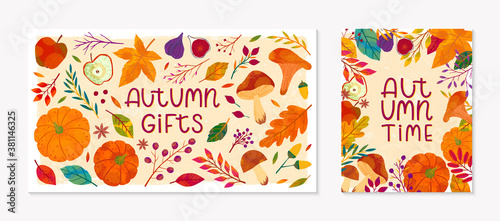Autumn seasonals postes with leaves and floral elements in fall colors.Greetings and harvest fest banners perfect for prints,flyers,banners,invitations.Trendy fall designs.Vector autumn illustrations
