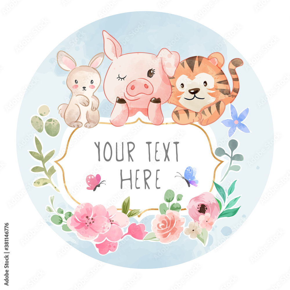 Cartoon Wild Animal Friendship with Sign and Colorful Flowers Illustration
