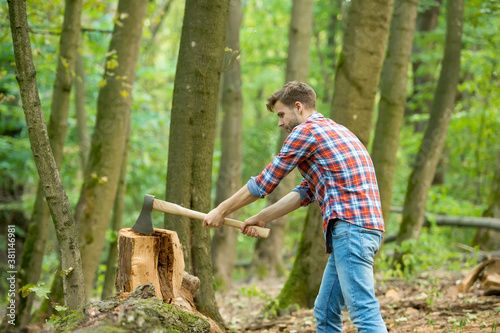 just one hit. chopping and splitting firewood with axe. lumber worker in wood. spend picnic weekend in forest. man ready for splitting wood and cutting firewood with axe. prepare to chop down tree
