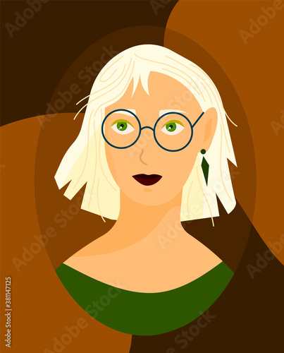 Portrait of a young girl with glasses, with blonde hair on a colourful background. Illustration of a young influencer with green eyes and green jewelry.