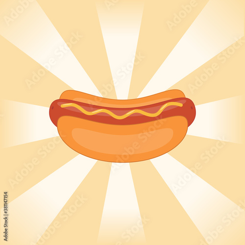 Color cartoon image of a hot dog on a background of white rays. Retro style. Vector graphics.