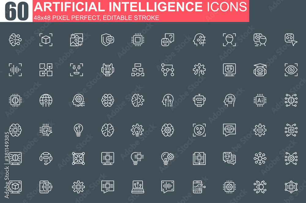 Artificial intelligence thin line icon set. Machine learning outline ...