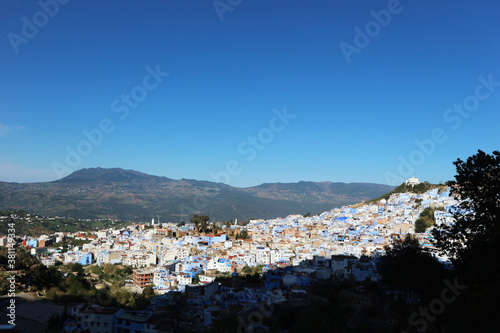 Beautiful panoramic view of blue city of Chefchaouen. Morning shadows. Top view. © Serhii