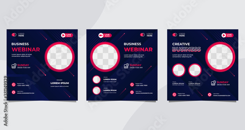 Set of minimalist social media post template for Business Webinar, Creative webinar, Online Education and other online seminars. with Dark Blue and Red background