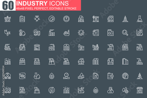 Heavy industry thin line icon set. Industrial manufacturing outline pictograms for website and mobile app GUI. Oil industry simple UI, UX. Grid 48x48 pixel perfect linear vector icons pack.