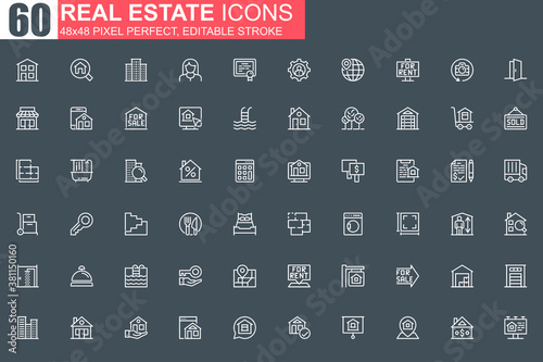Real estate thin line icon set. Real estate agency outline pictograms for website and mobile app GUI. Building sale and rent simple UI, UX. Grid 48x48 pixel perfect linear vector icons pack.