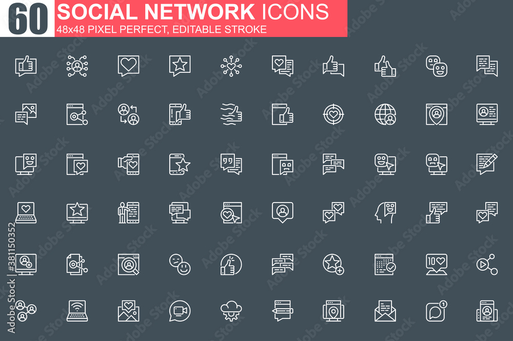 Social network thin line icon set. Online people communication outline pictograms for web and mobile app GUI. Messaging service simple UI, UX. Grid 48x48 pixel perfect linear vector icons pack.