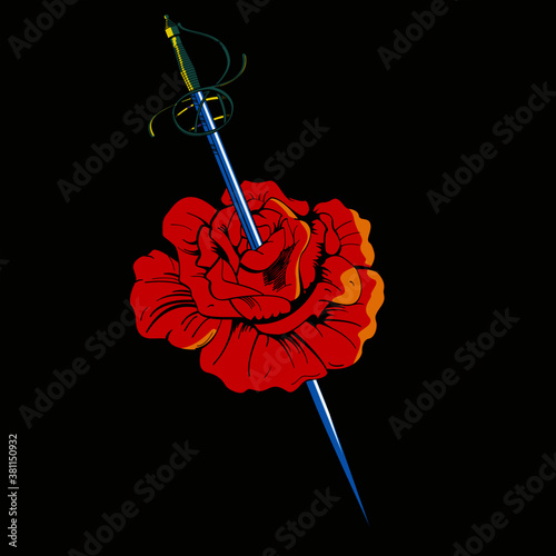 Vector illustration of a sword stuck in a red flower on a black background. Romantic drawing for Valentine's day t-shirts and posters.
