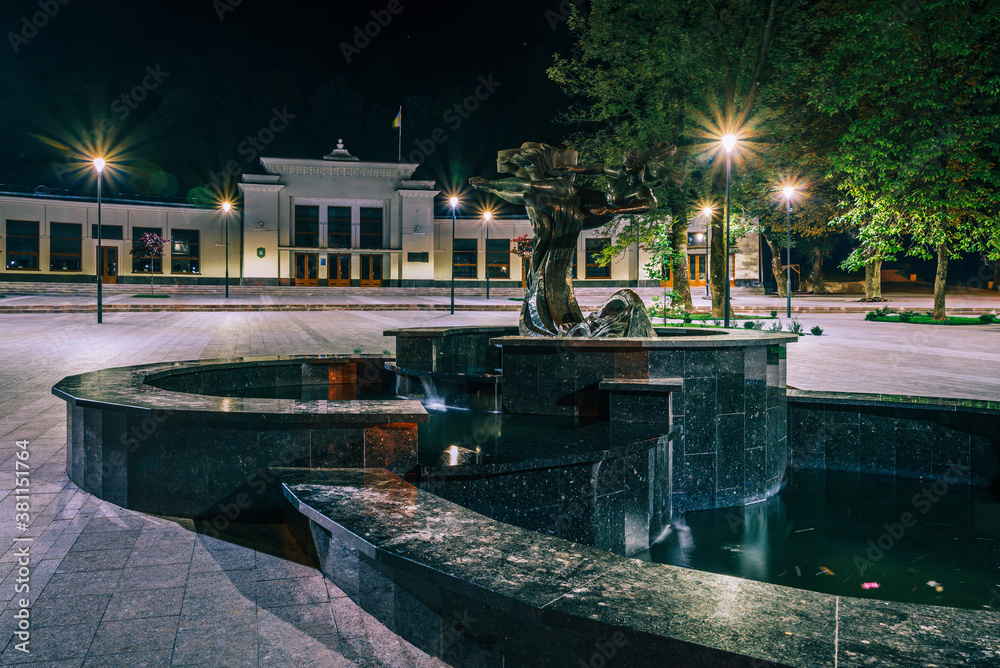 Mineral water pump room in Truskavets, buvette, night view.