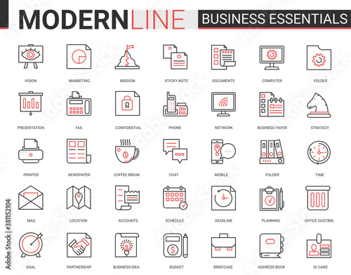Business thin red black line icon vector illustration set. Business essential website outline pictogram symbols collection with office objects, equipment and documents for financial development