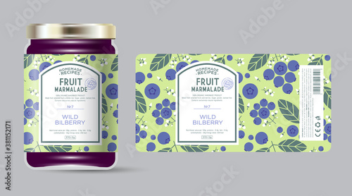 Label and packaging of blueberries marmalade. Jar with label. Text in frame with stamp (sugar free) on seamless pattern with berries, flowers and leaves.