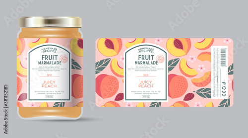 Label and packaging of peach marmalade. Jar with label. Text in frame with stamp (sugar free) on seamless pattern with fruits, slices and leaves