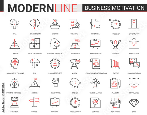 Business motivation thin red black line icon vector illustration set with motivational outline symbols for productivity of financial processes, teamwork business planning, communication training