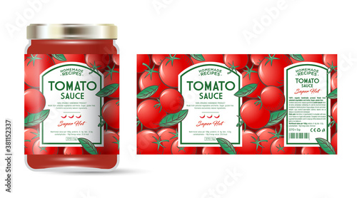 Label and packaging of tomato hot sauce with chili pepper. Jar with label. Text in frames on seamless pattern with ripe tomatoes and leaves.